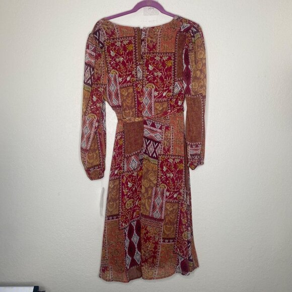 Leslie‎ Fay Midi Faux Wrap Dress Womens Size 6 Wine Patchwork Career Office - Picture 9 of 14